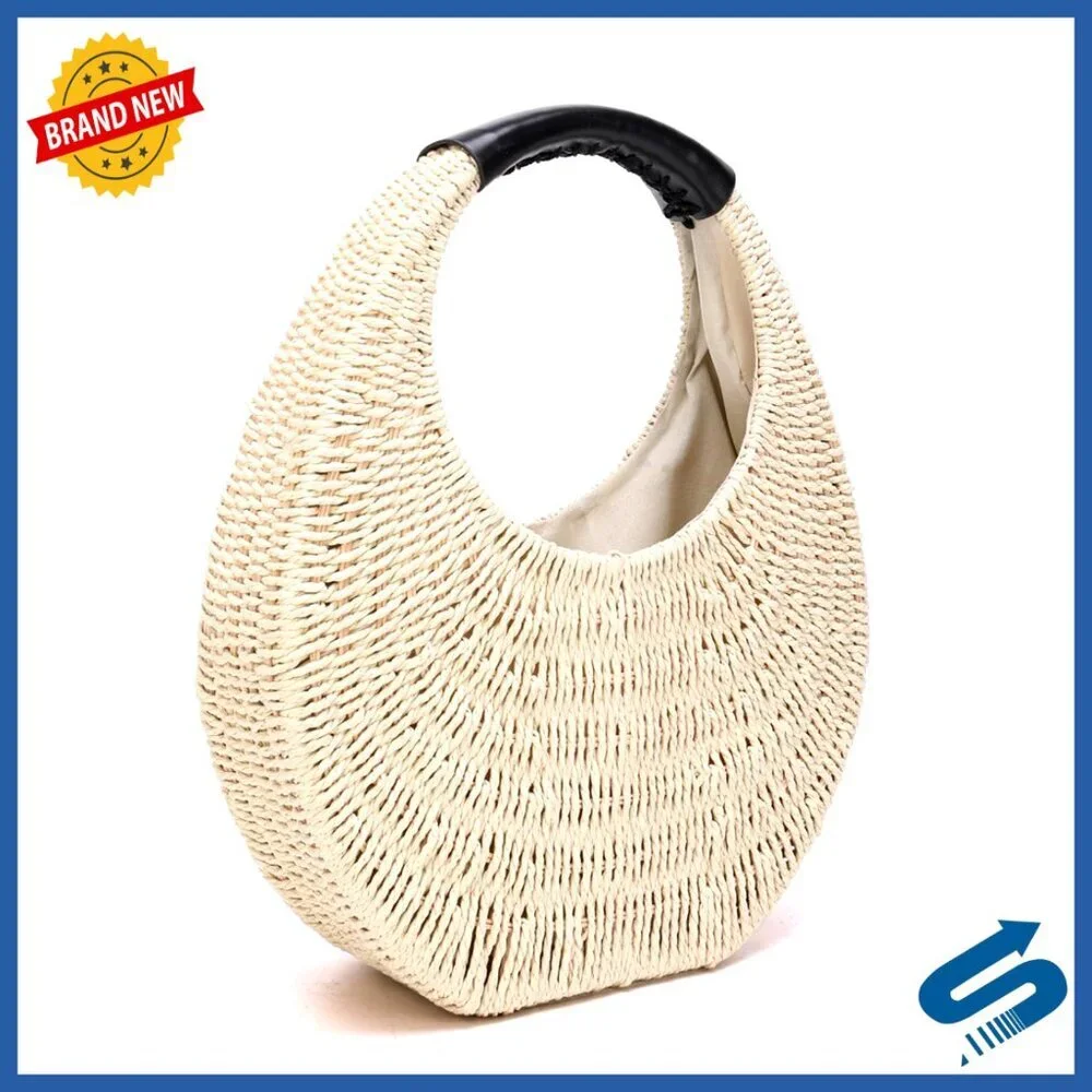 Hand Woven Straw Hobo Handbag Round Top Handle Clutch Beach Purse